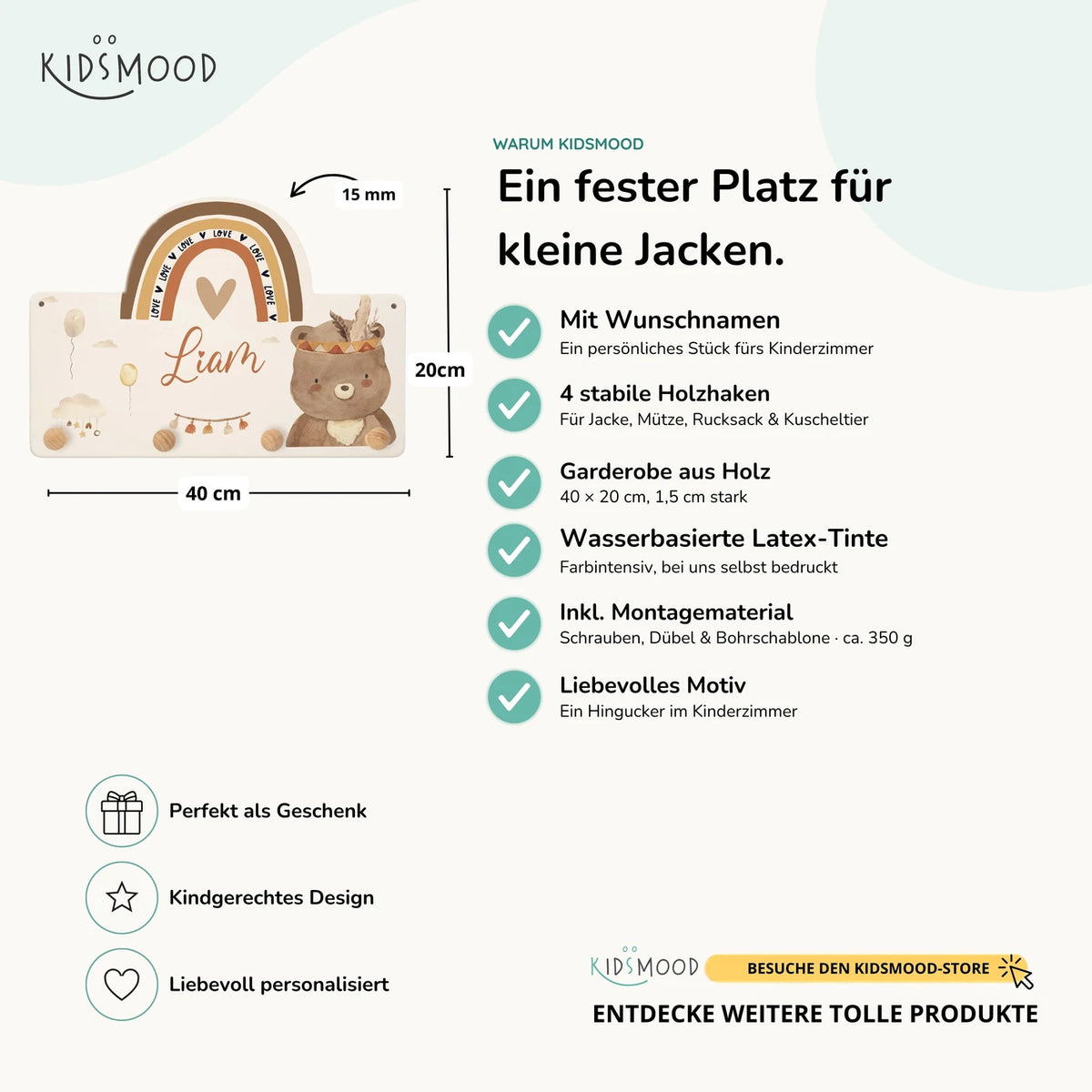 Kindergarderobe Holz personalisiert - Bär