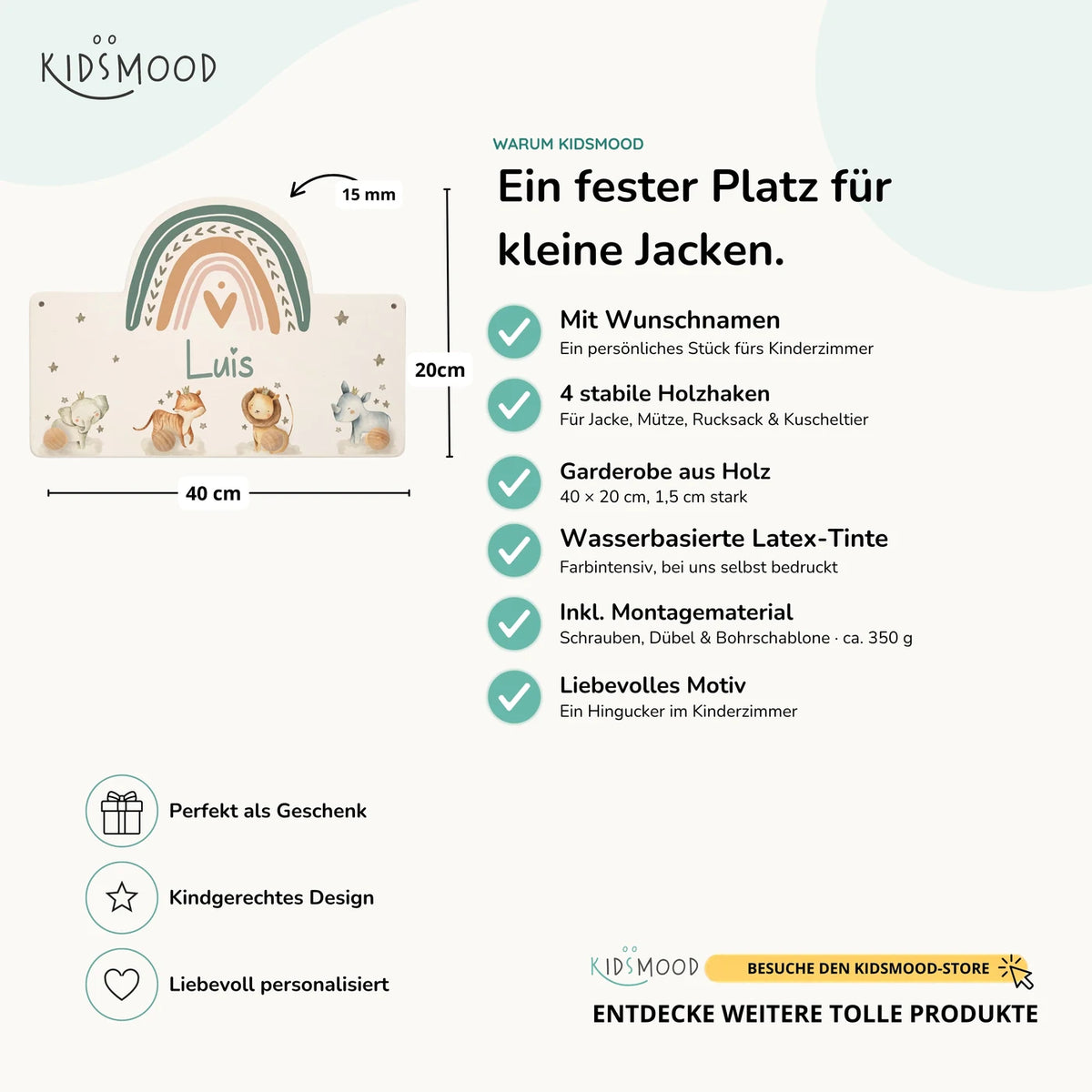 Kindergarderobe Holz personalisiert - Tier Familie