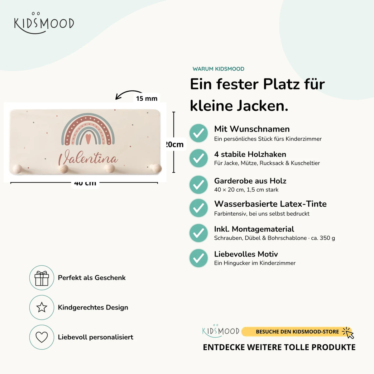 Kindergarderobe Holz personalisiert - Regenbogen Herz