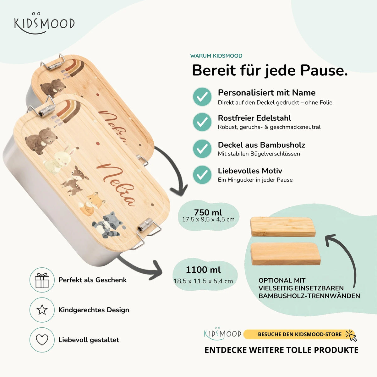 Brotdose Kinder personalisiert - Boho Tierfamilie Regenbogen
