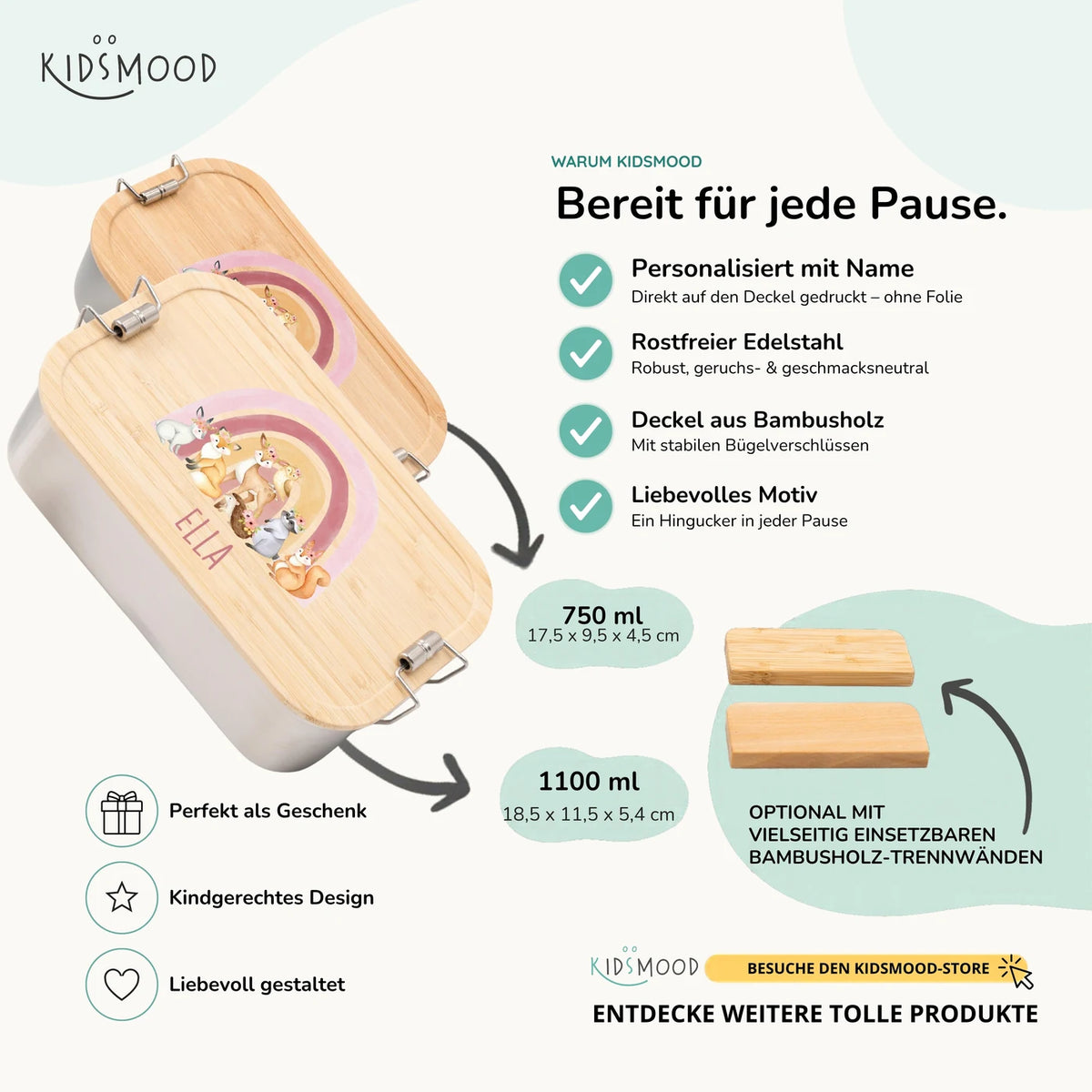 Brotdose Kinder personalisiert - Regenbogen Waldtiere