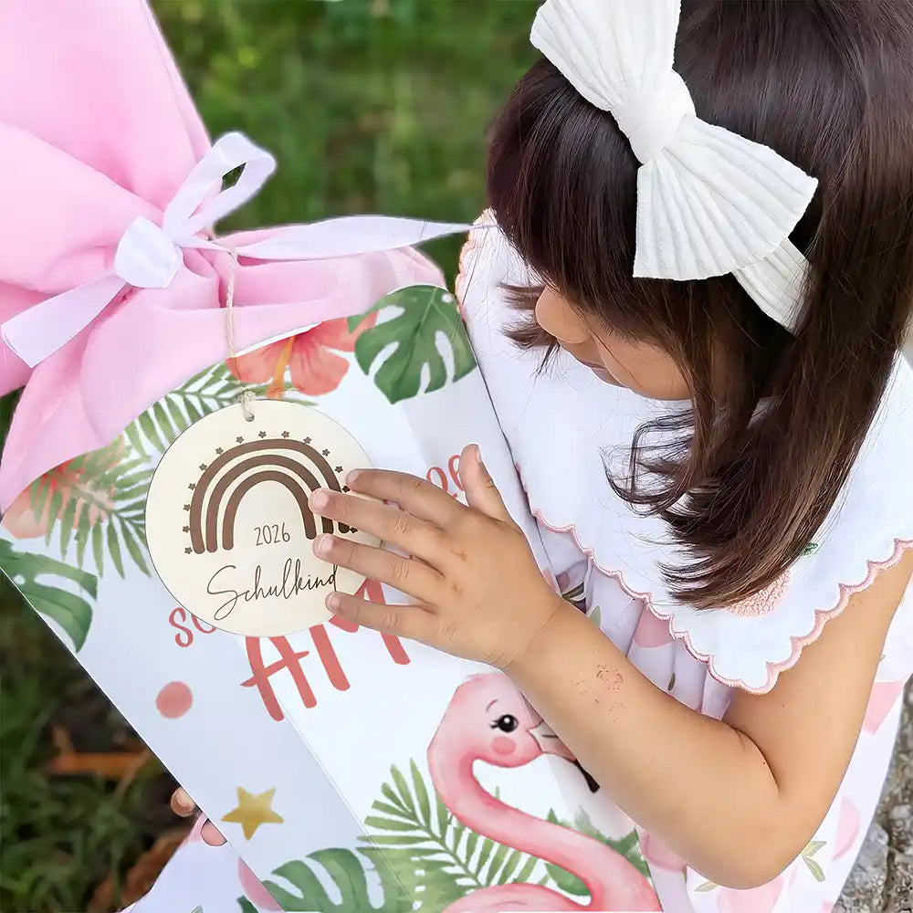 Schultüte personalisiert mit Name Flamingo Tropical – Holzanhänger mit Lasergravur und Wunschname