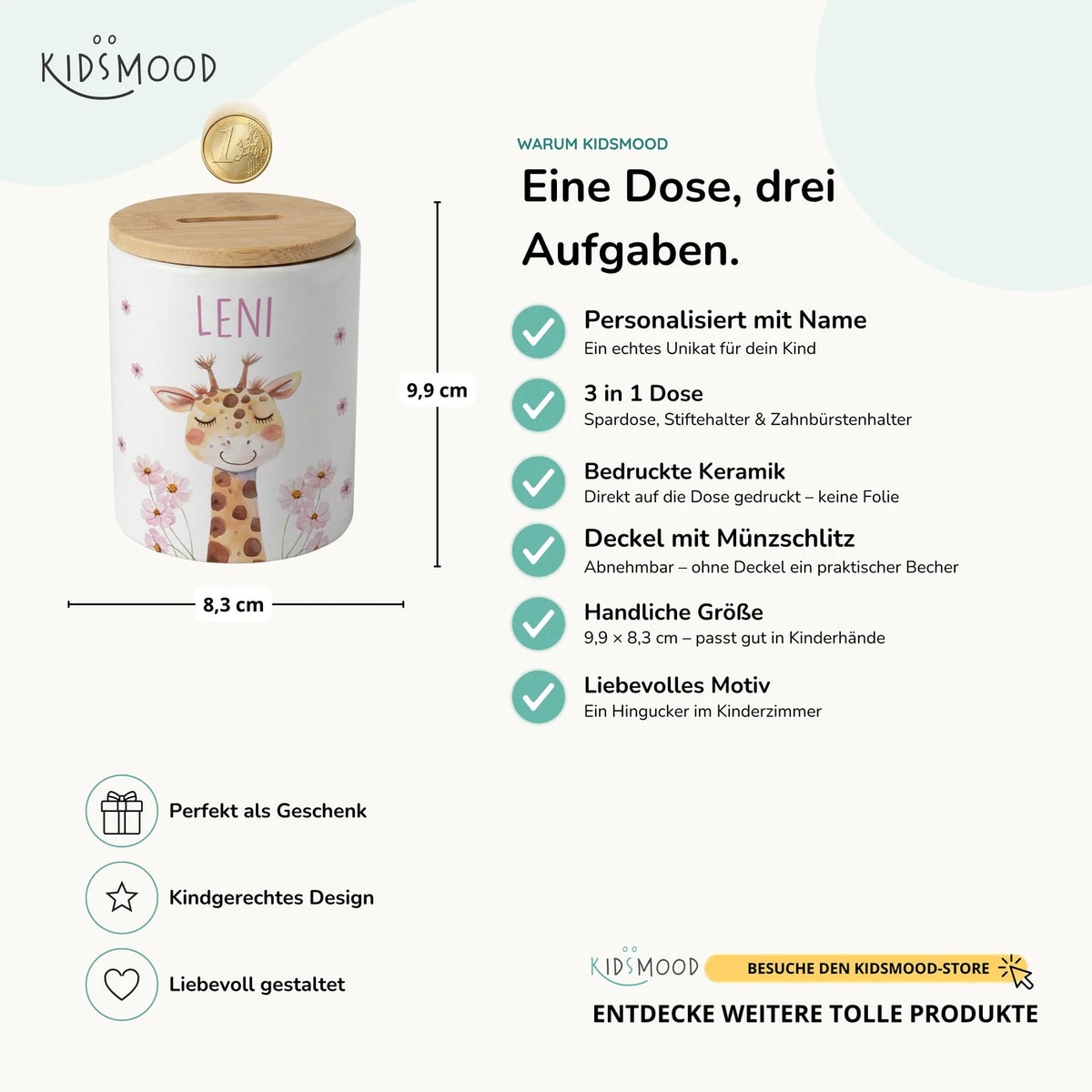 Personalisierte Spardose Giraffe Blumen – Keramik & Bambus mit Wunschname