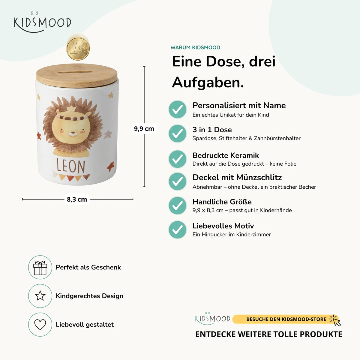 Personalisierte Spardose Löwe Boho – Keramik & Bambus mit Wunschname