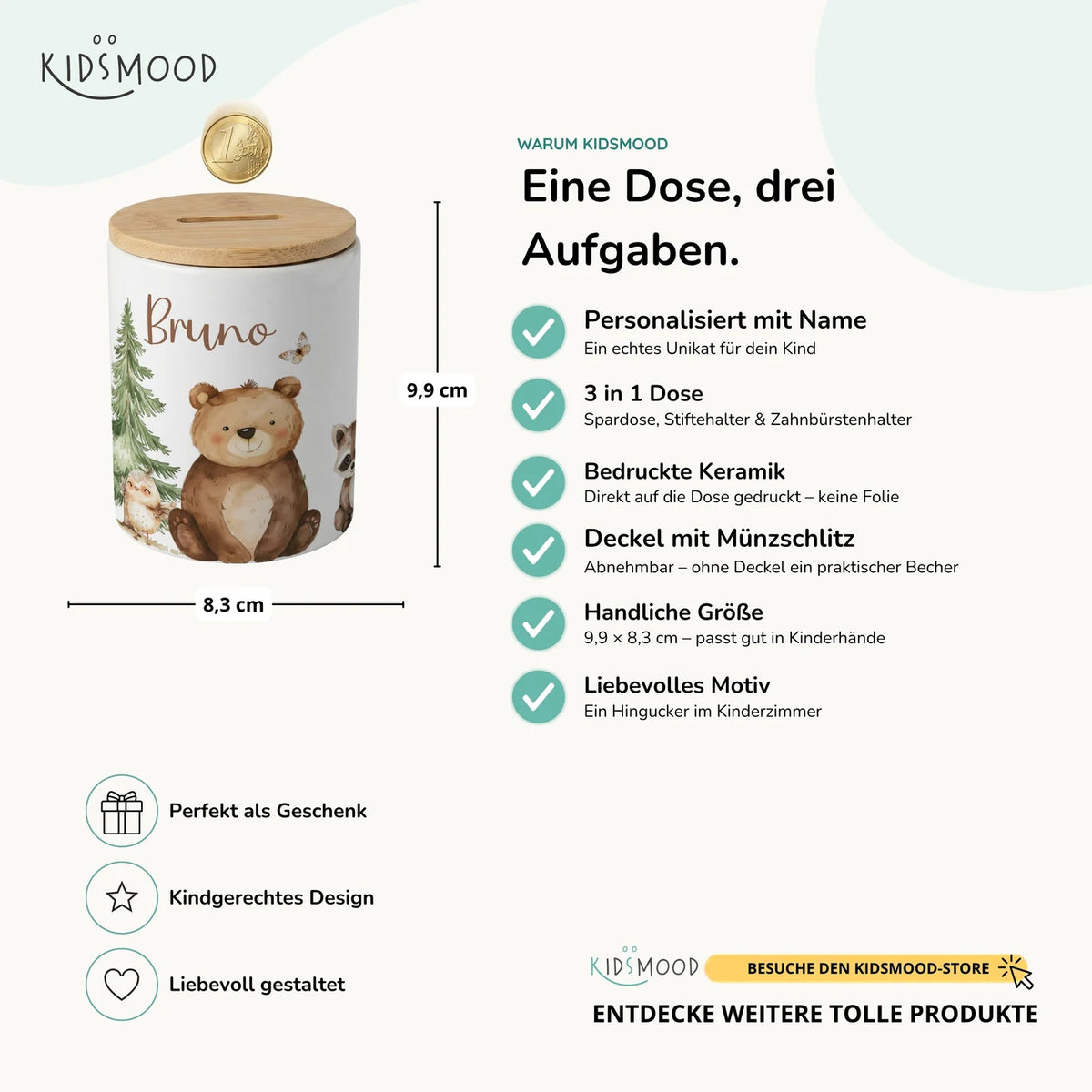 Personalisierte Spardose Bär & Waschbär – Keramik & Bambus mit Wunschname