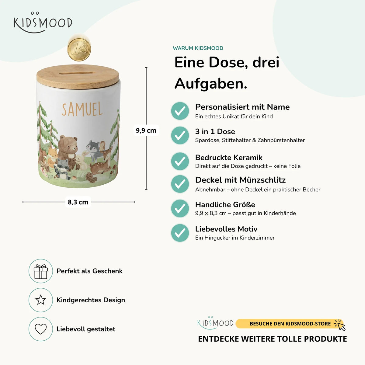 Personalisierte Spardose Waldfreunde II – Keramik & Bambus mit Wunschname