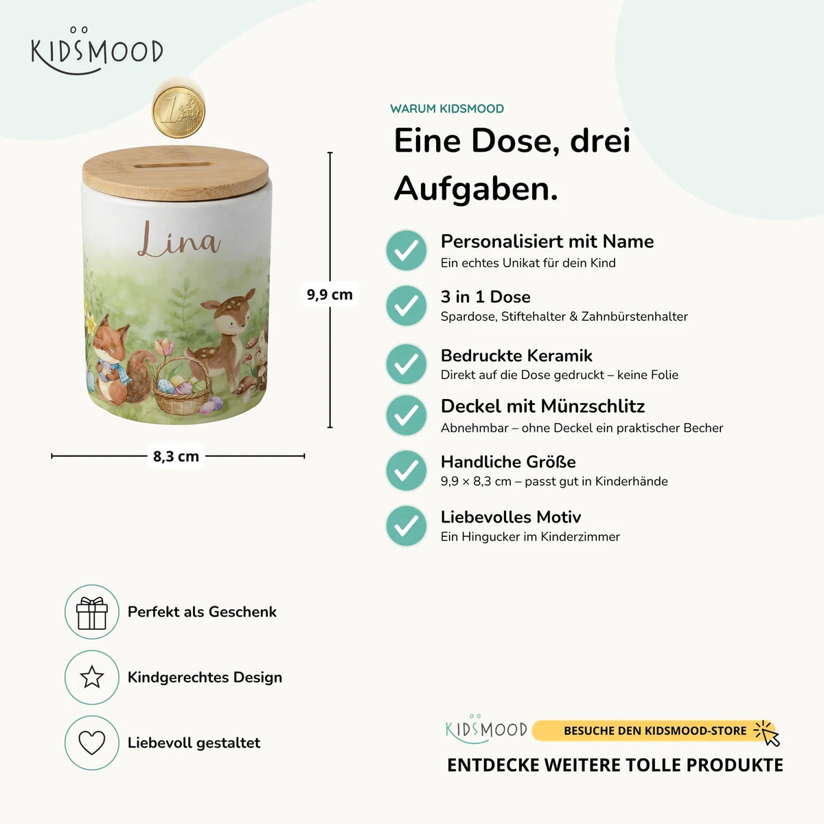 Personalisierte Spardose Ostern Reh & Fuchs – Keramik & Bambus mit Wunschname