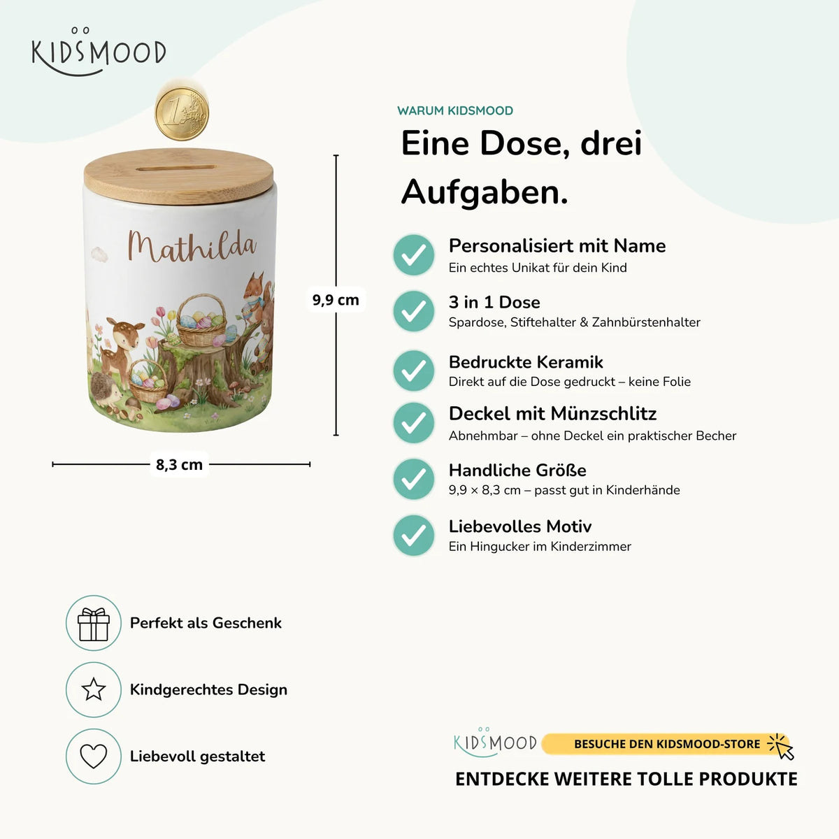 Personalisierte Spardose Ostern Rehkitz – Keramik & Bambus mit Wunschname
