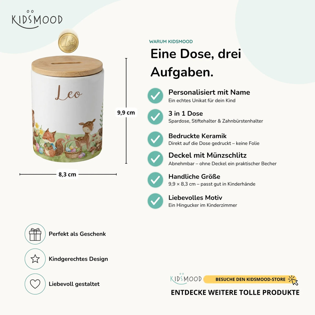 Personalisierte Spardose Ostern Frühlingswiese – Keramik & Bambus mit Wunschname
