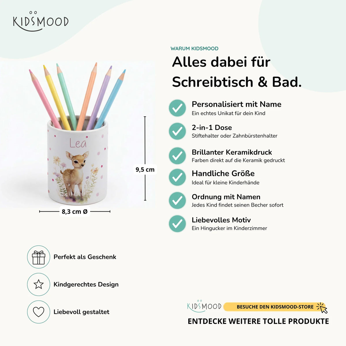 Personalisierter Stiftehalter Rehkitz Blumenwiese – Keramik mit Wunschname