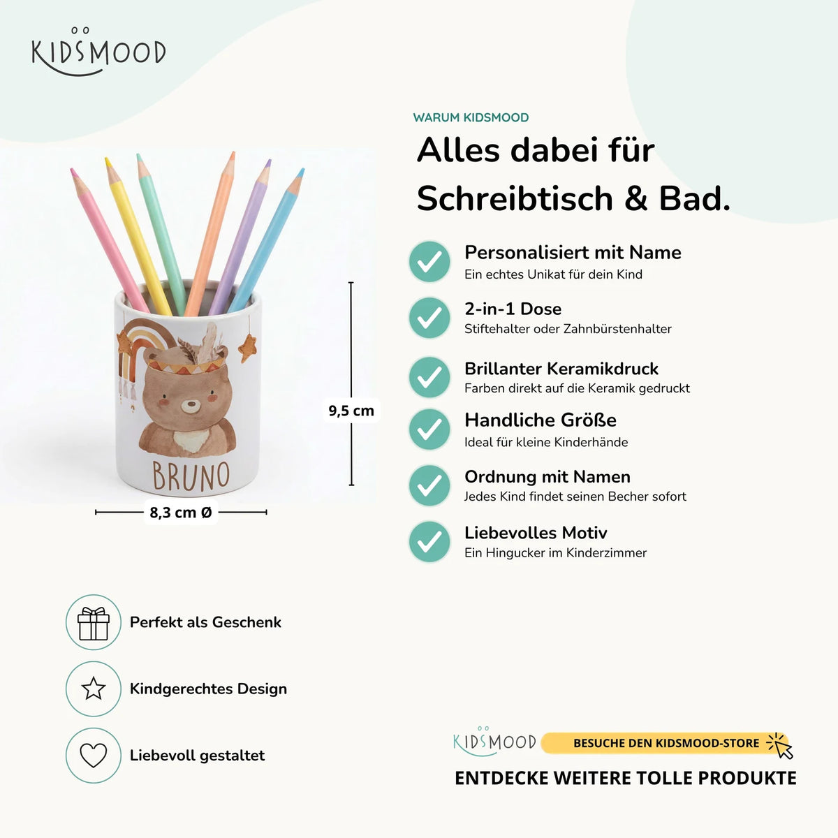 Personalisierter Stiftehalter Boho-Bär – Keramik mit Wunschname