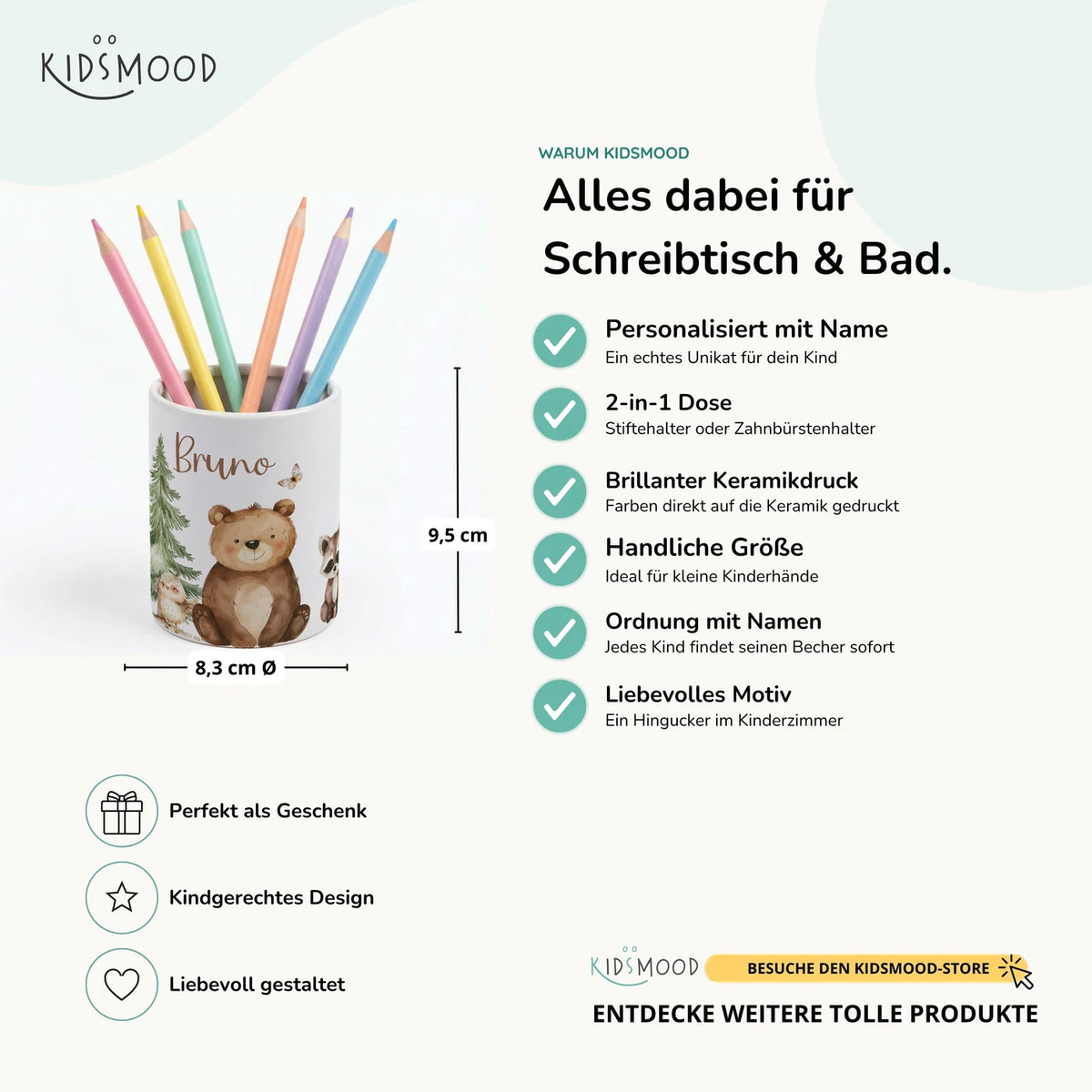 Personalisierter Stiftehalter Bär & Waschbär – Keramik mit Wunschname