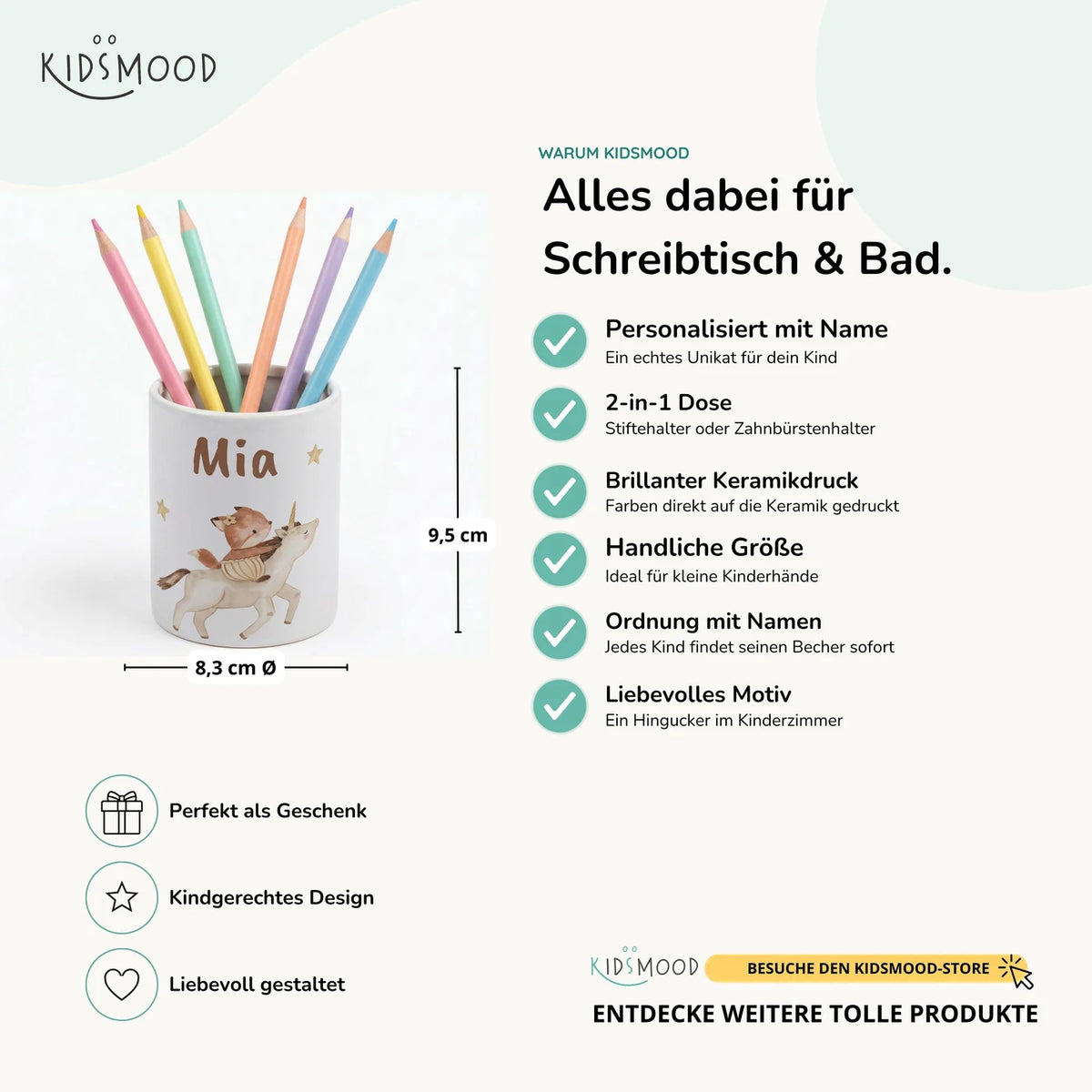 Personalisierter Stiftehalter Fuchs & Einhorn – Keramik mit Wunschname