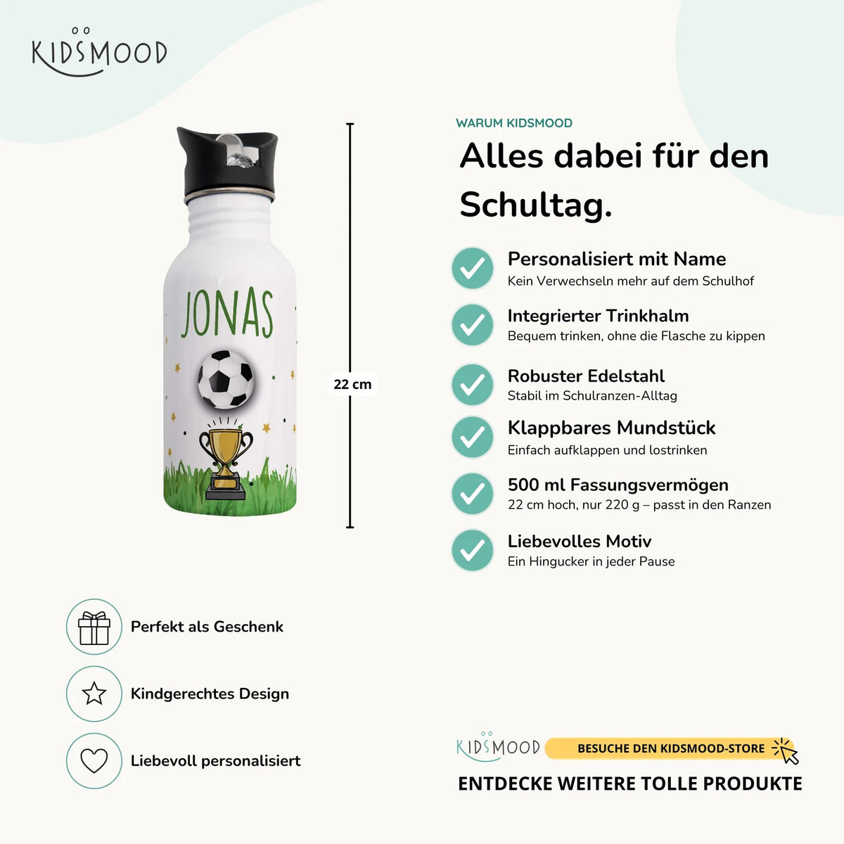 Trinkflasche Kinder Edelstahl - Fußball Champion