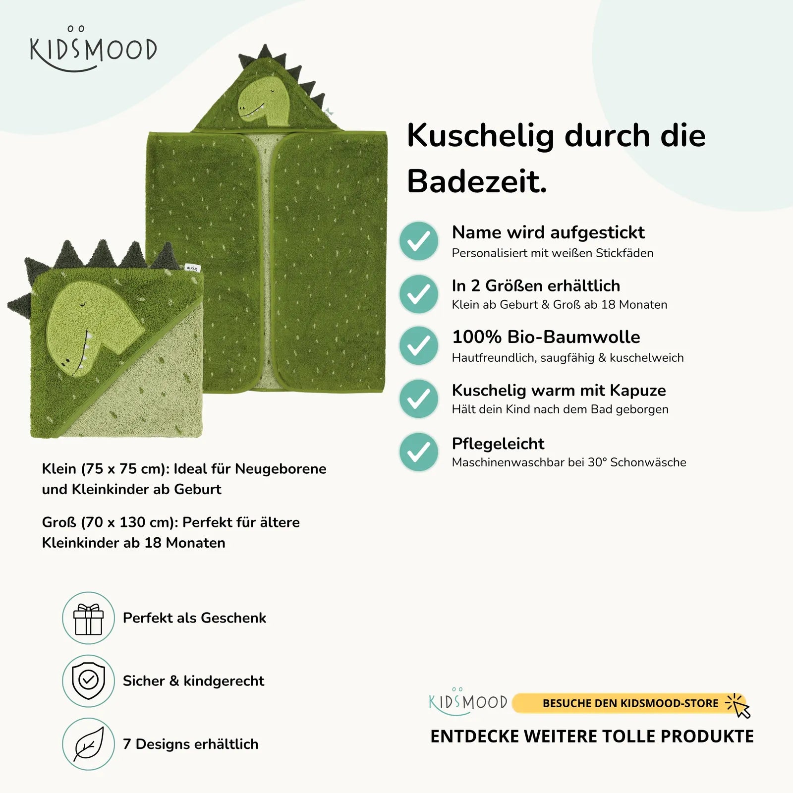 Trixie Kapuzenhandtuch Baby Dino, Hauptbild, personalisiert mit Wunschname