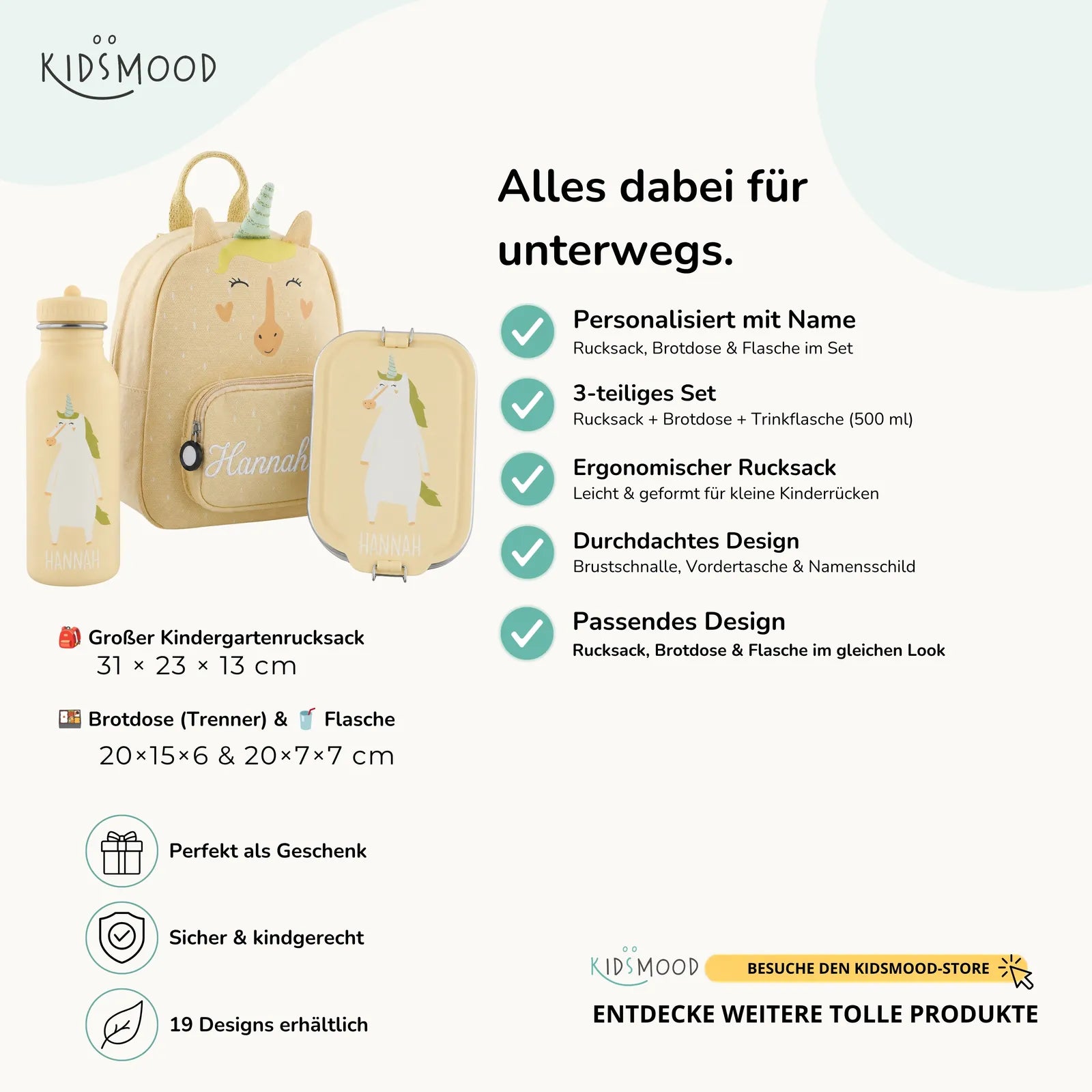Trixie Kindergarten Set Einhorn, Set aus Rucksack, Trinkflasche und Brotdose, personalisiert