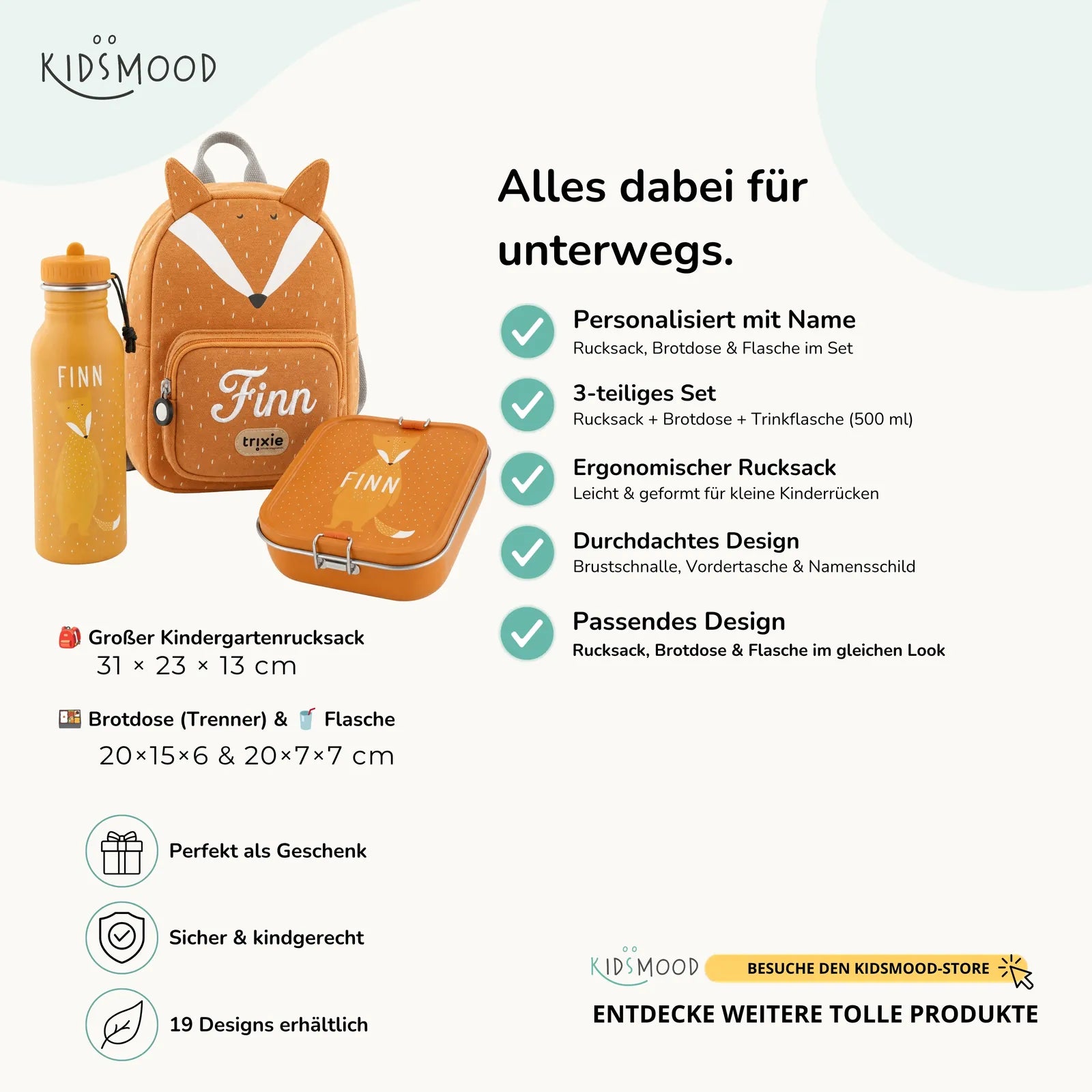 Trixie Kindergarten Set Fuchs, Set aus Rucksack, Trinkflasche und Brotdose, personalisiert