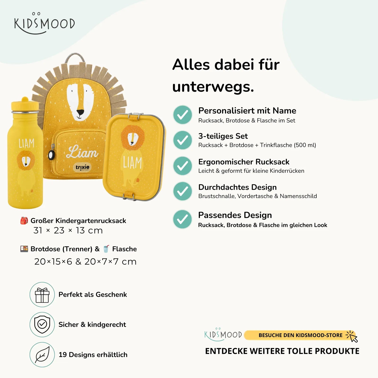 Trixie Kindergarten Set Löwe, Set aus Rucksack, Trinkflasche und Brotdose, personalisiert