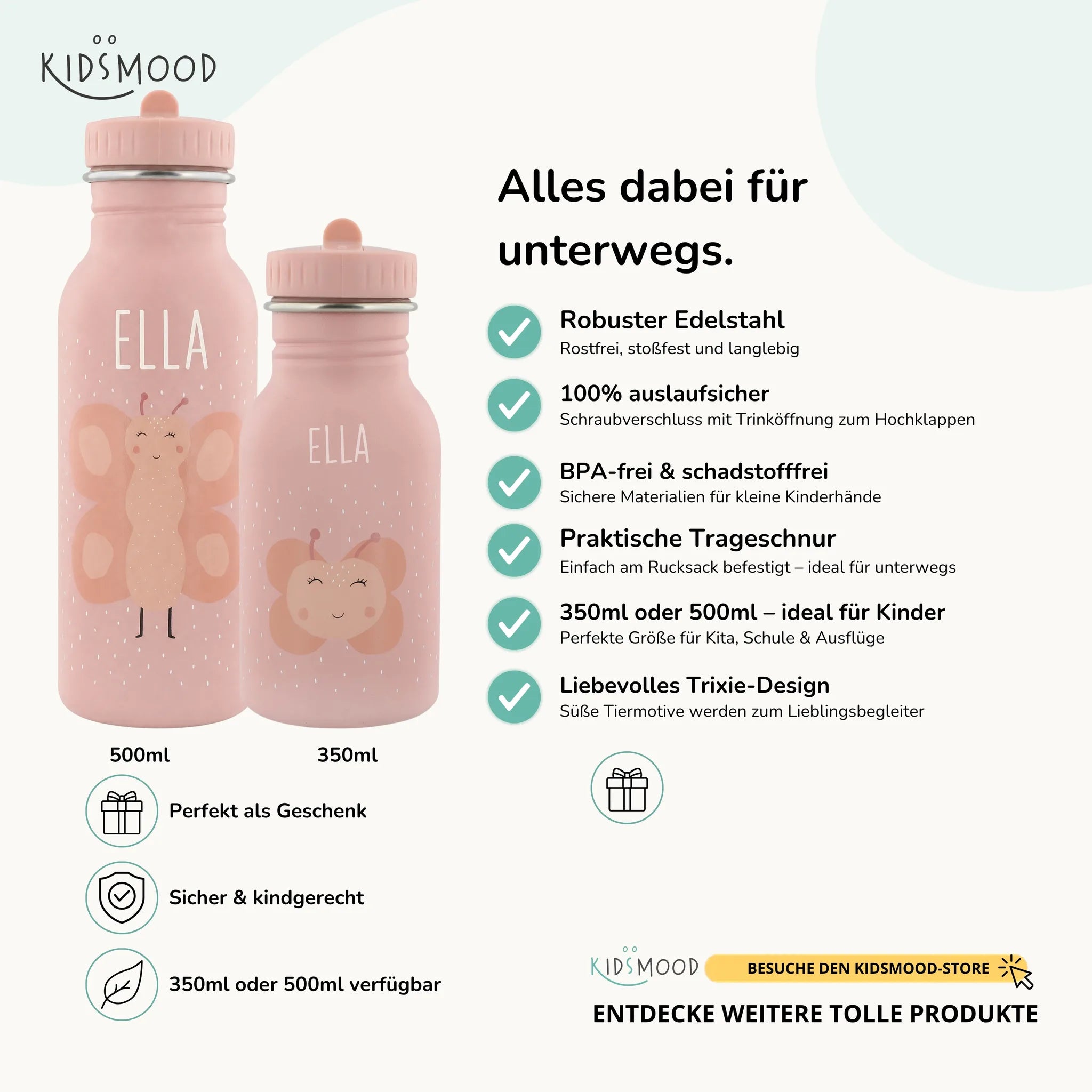 Trixie Trinkflasche Kinder Schmetterling, Hauptbild, 350 und 500 ml mit Wunschname