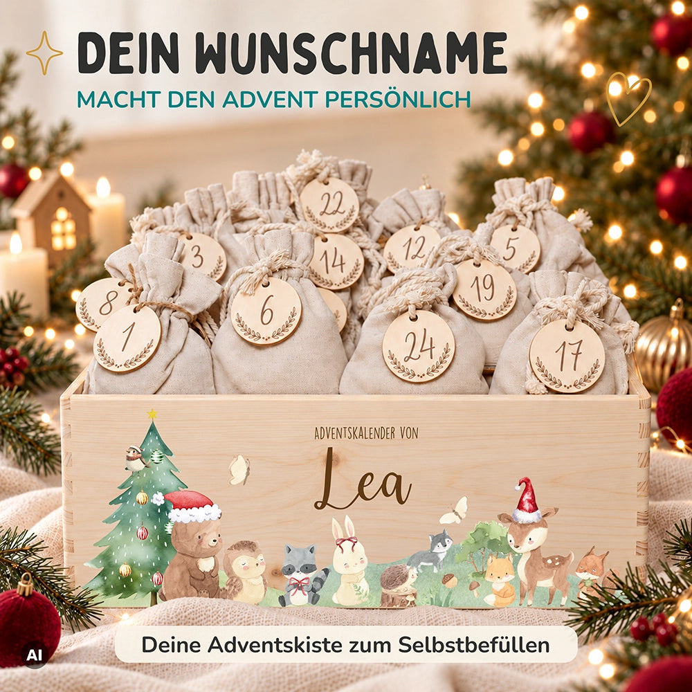 Adventskalender zum Befüllen "Weihnachten mit winterlichen Tierfreunden" personalisiert