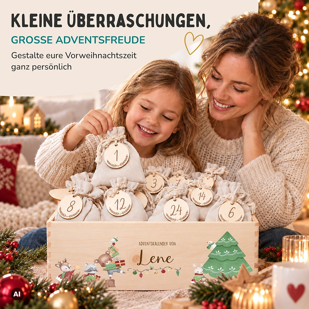 Adventskalender zum Befüllen "Tiere und Weihnachtsbaum" personalisiert