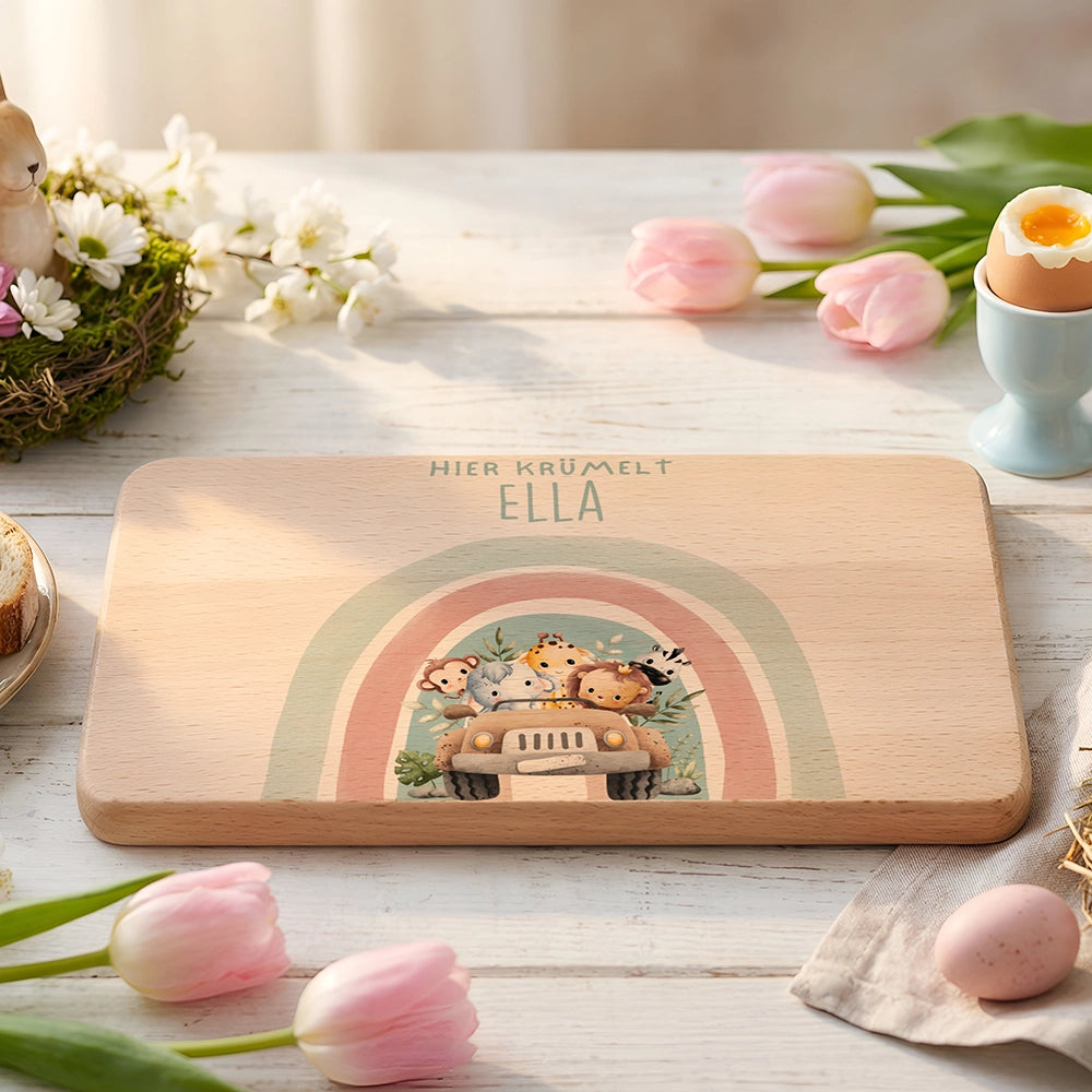 Frühstücksbrettchen Holz personalisiert - Regenbogen Safari