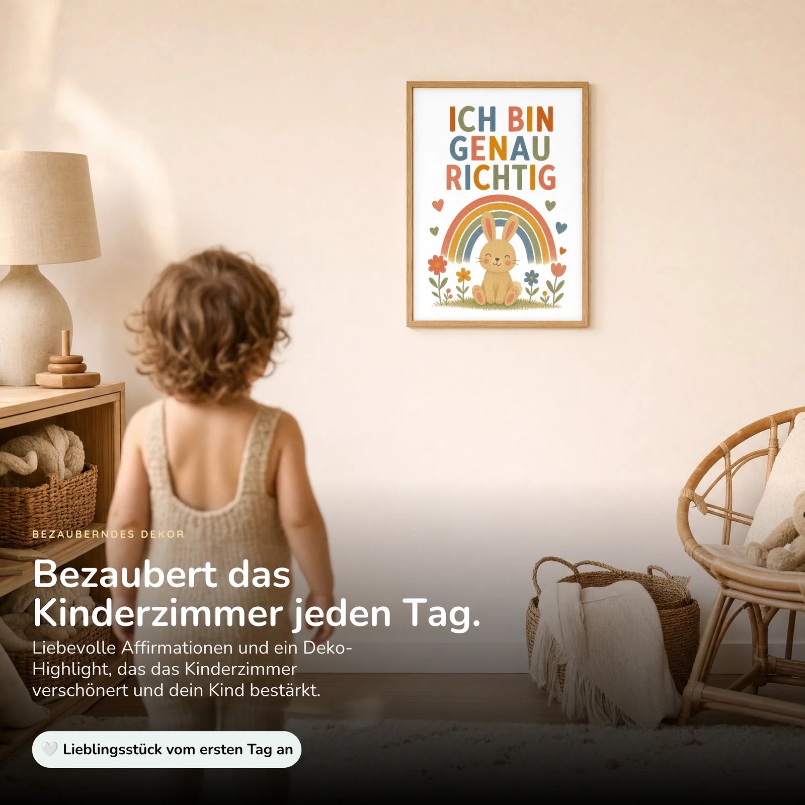 Affirmationsposter Kinderzimmer Hase Ich bin genau richtig, im Kinderzimmer an der Wand
