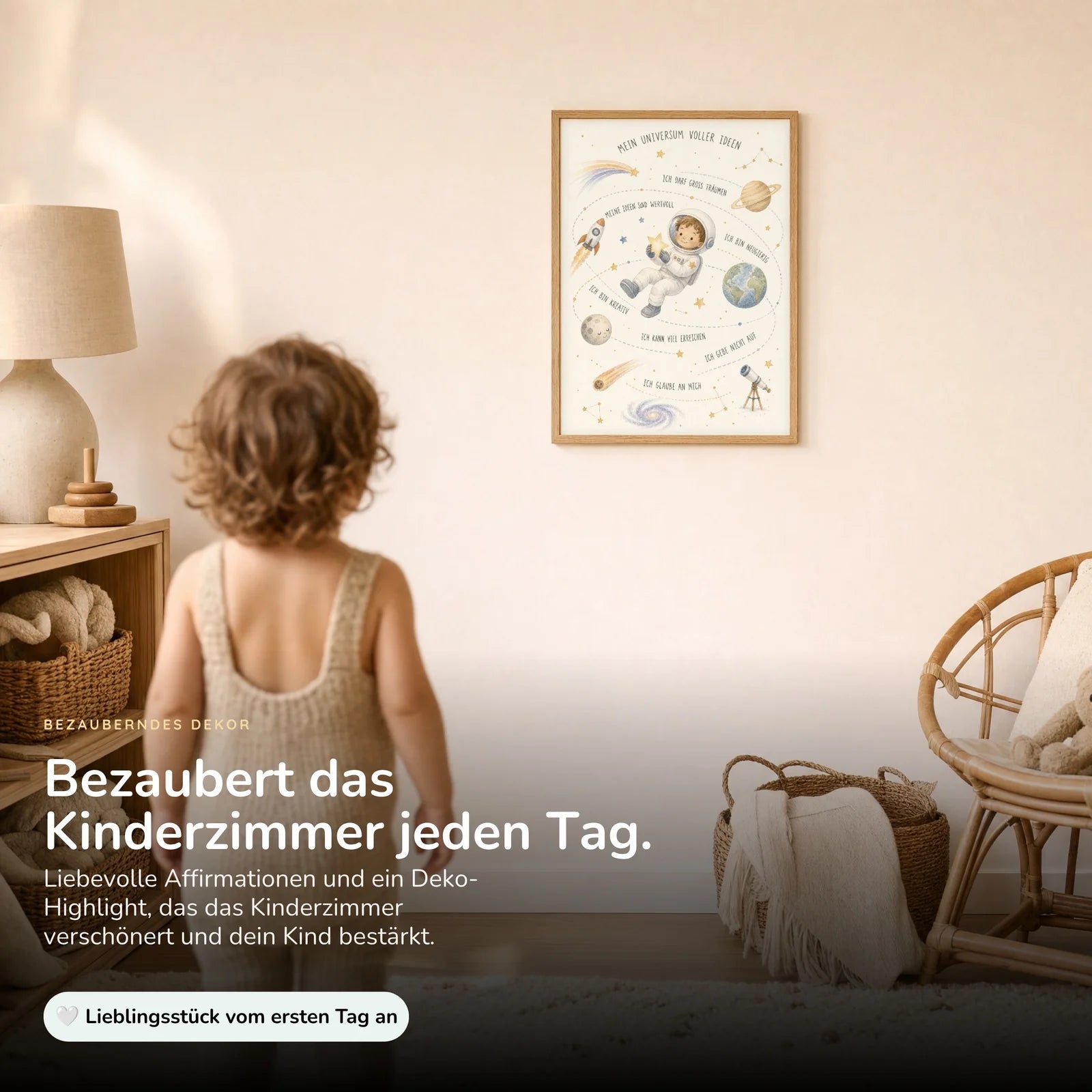 Affirmationsposter Kinderzimmer Universum voller Ideen, im Kinderzimmer an der Wand