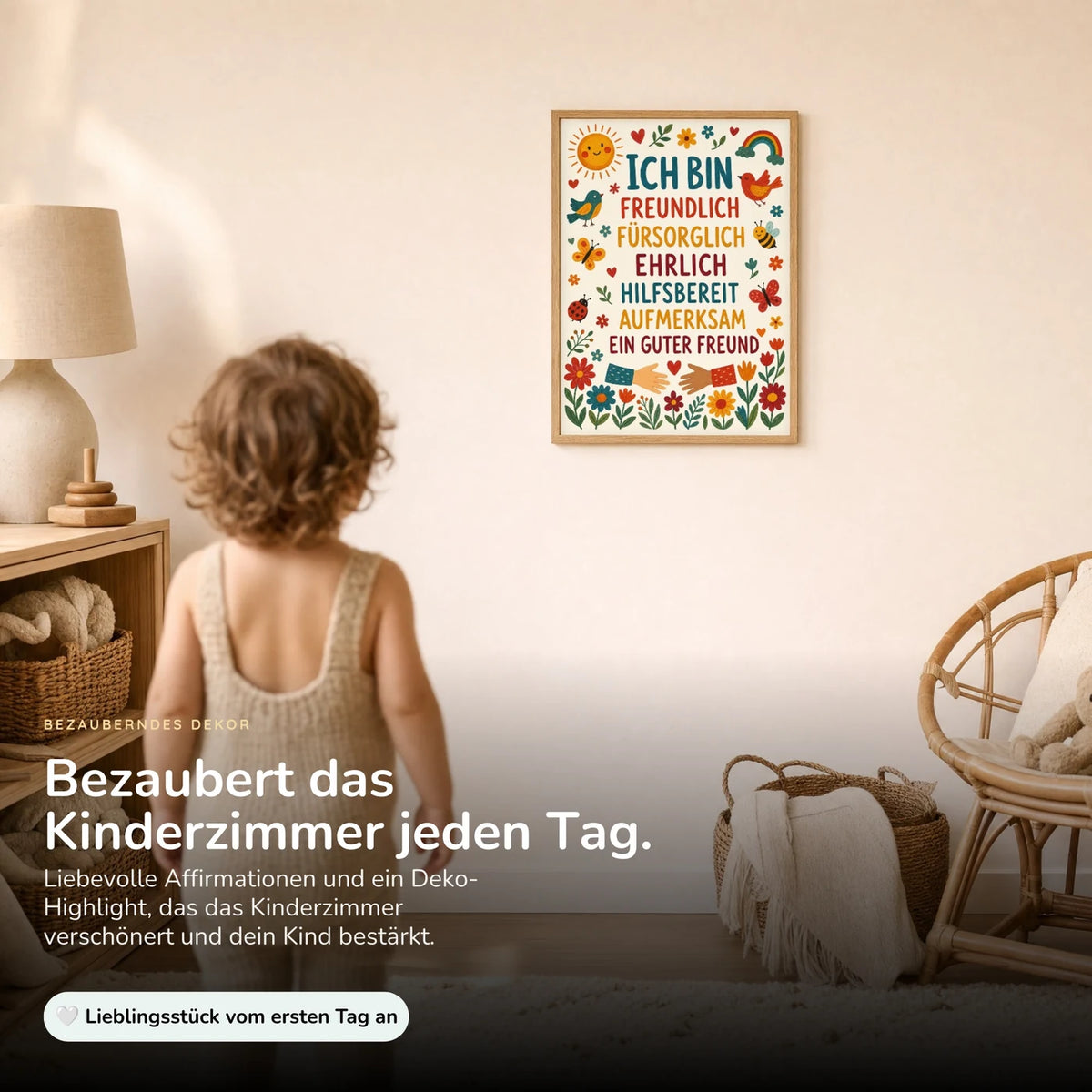 Kind vor dem Affirmationsposter „Blumen Ich bin freundlich“ an der Wand – Bilder fürs Kinderzimmer