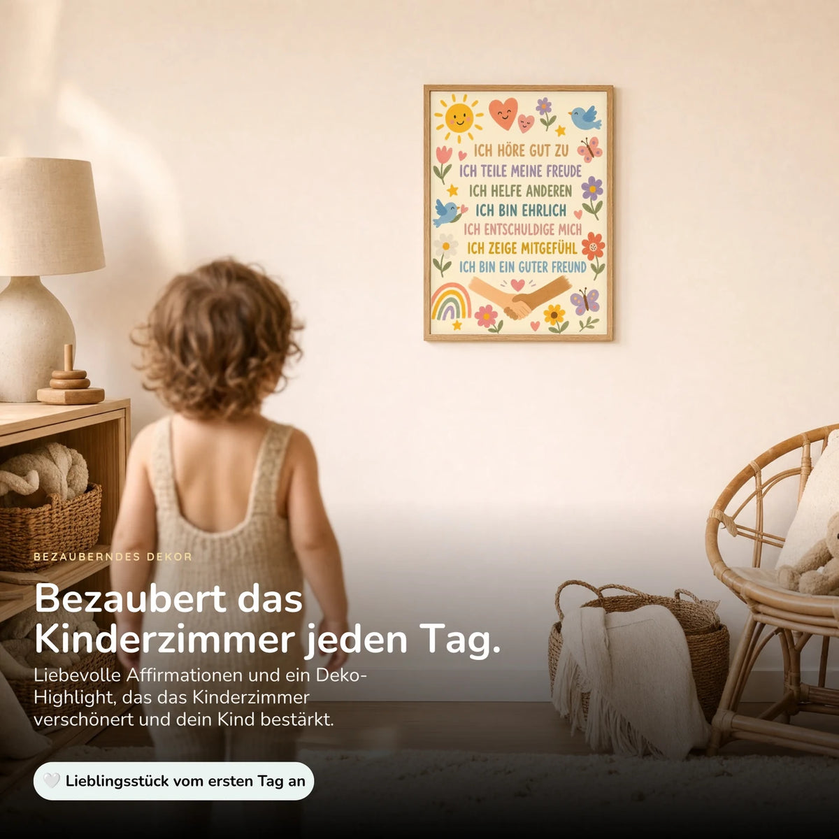 Kind vor dem Affirmationsposter „Blumenwiese Ich höre zu“ an der Wand – Bilder fürs Kinderzimmer