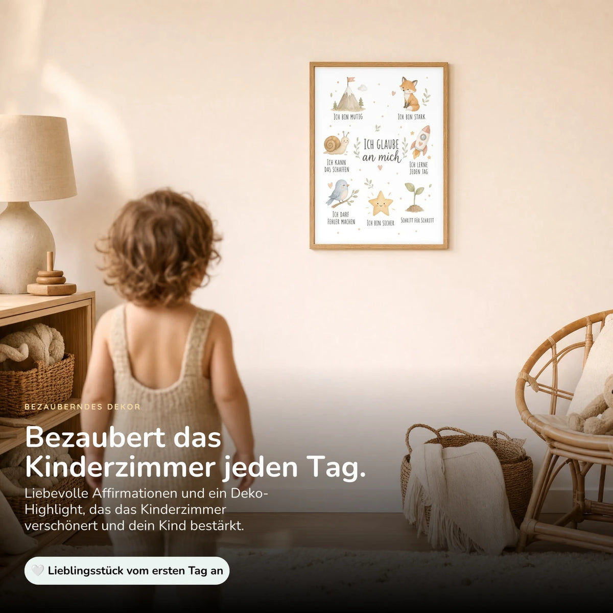Kind vor dem Affirmationsposter „Collage Ich glaube an mich“ an der Wand – Bilder fürs Kinderzimmer