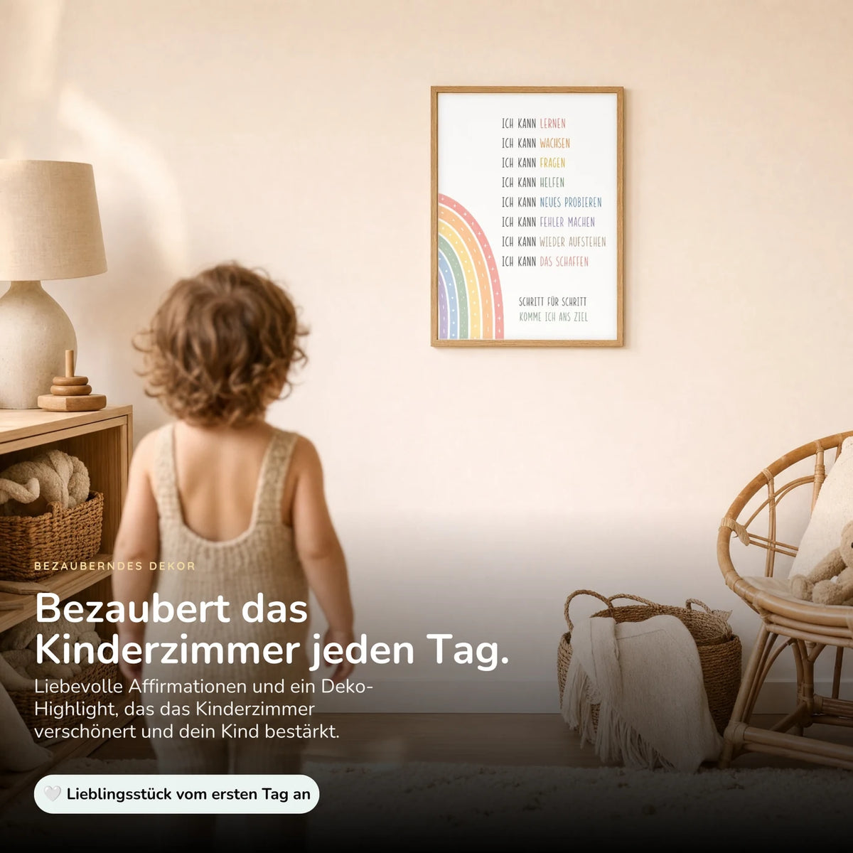 Kind vor dem Affirmationsposter „Minimal Ich kann“ an der Wand – Bilder fürs Kinderzimmer