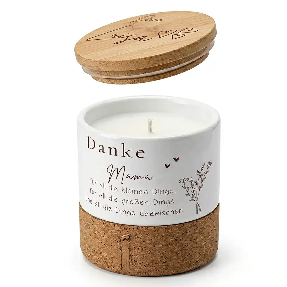 Duftkerze Vanille Keramik Danke Mama Blumenzweig – Boho-Stil mit Bambusdeckel