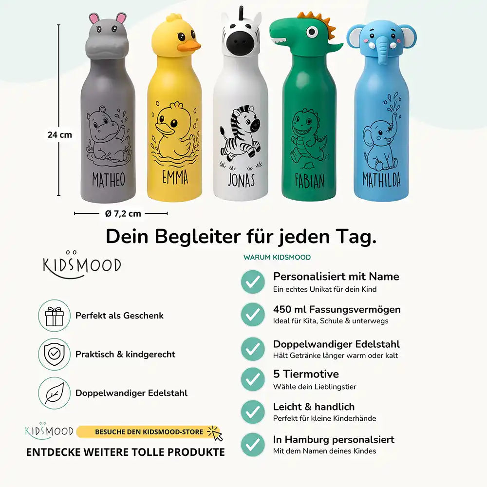Personalisierte Trinkflasche Kinder Dino, personalisiert mit Lieblingstier und Name