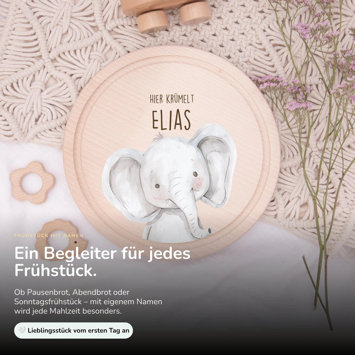 Rundes personalisiertes Frühstücksbrettchen Elefant mit Namen für Kinder