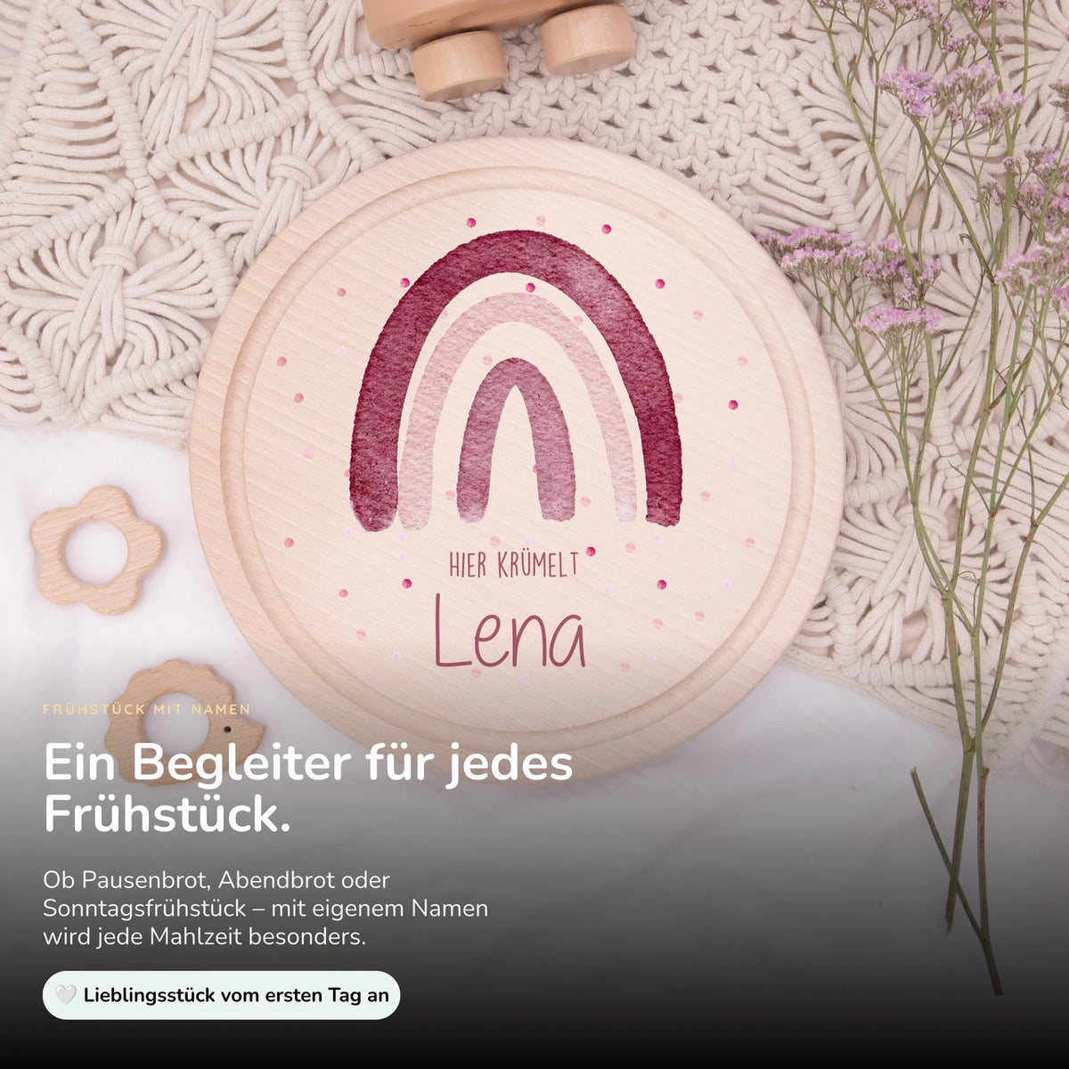Rundes personalisiertes Frühstücksbrettchen Regenbogen mit Namen für Kinder