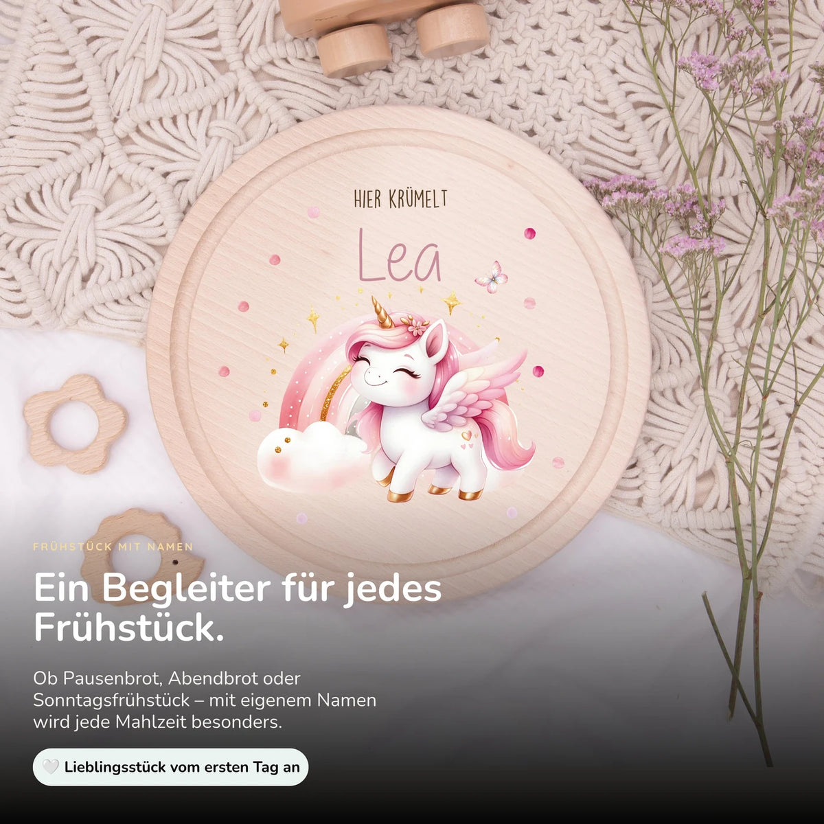 Rundes personalisiertes Frühstücksbrettchen Einhorn mit Namen für Kinder