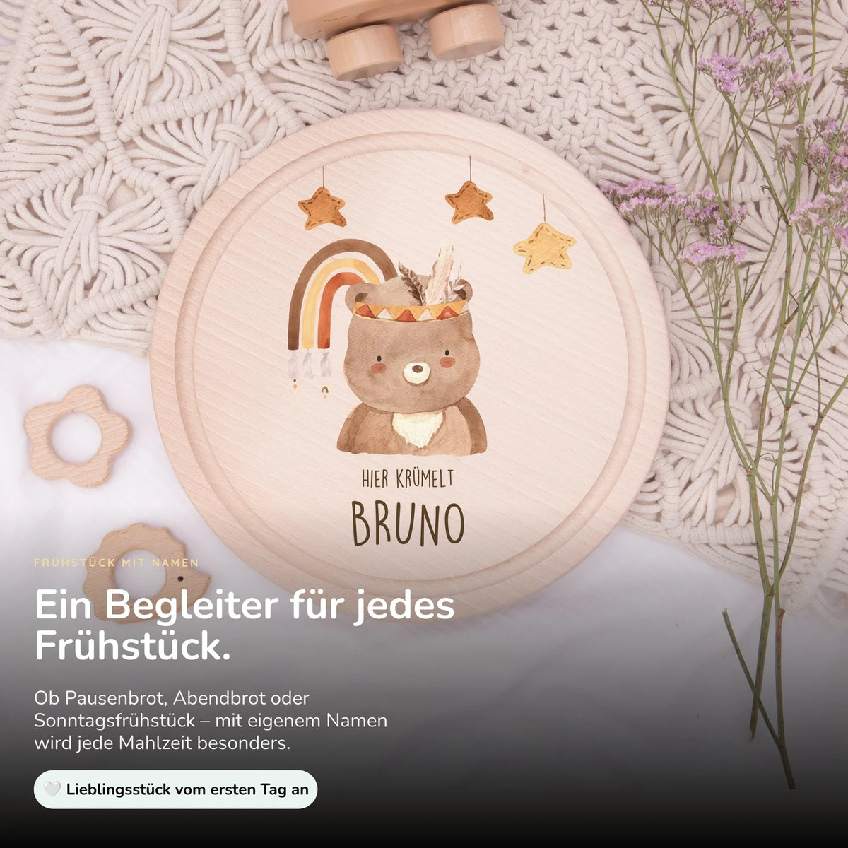 Rundes personalisiertes Frühstücksbrettchen Boho Bär mit Namen für Kinder