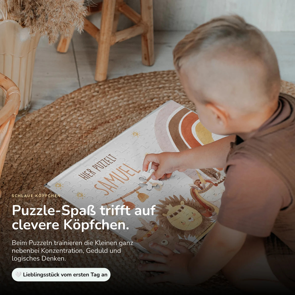 Kinderpuzzle personalisiert mit Namen - Boho Tiere mit Regenbogen