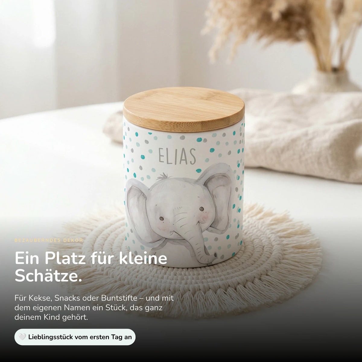 Personalisierte Keksdose Elefant Konfetti – Keramik & Bambus mit Wunschname