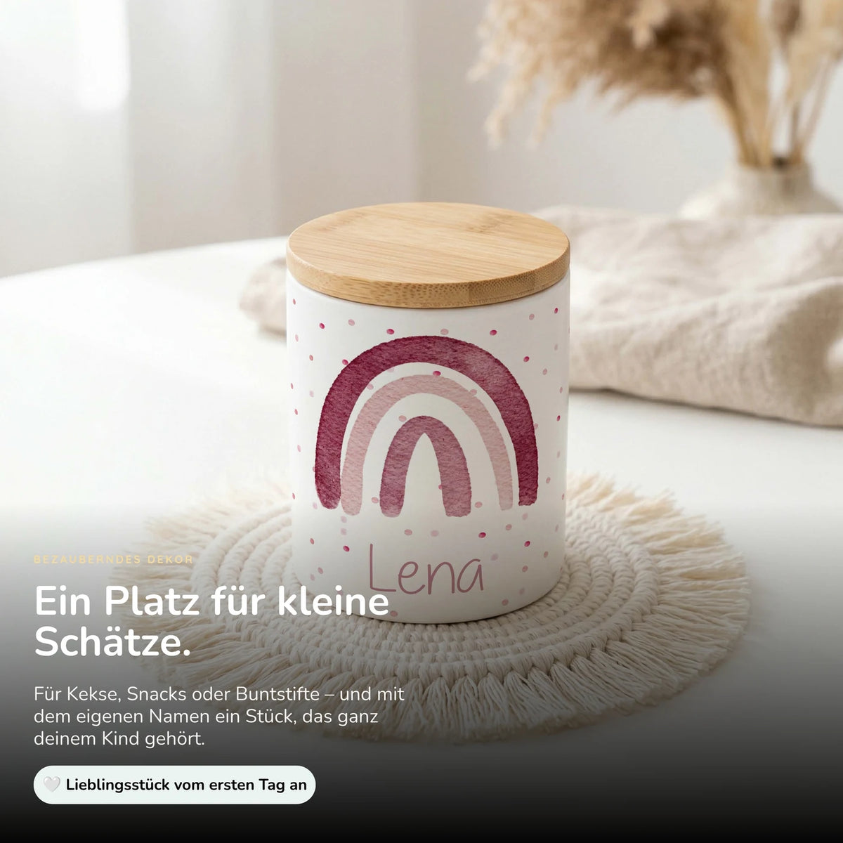 Personalisierte Keksdose Regenbogen Rosa – Keramik & Bambus mit Wunschname