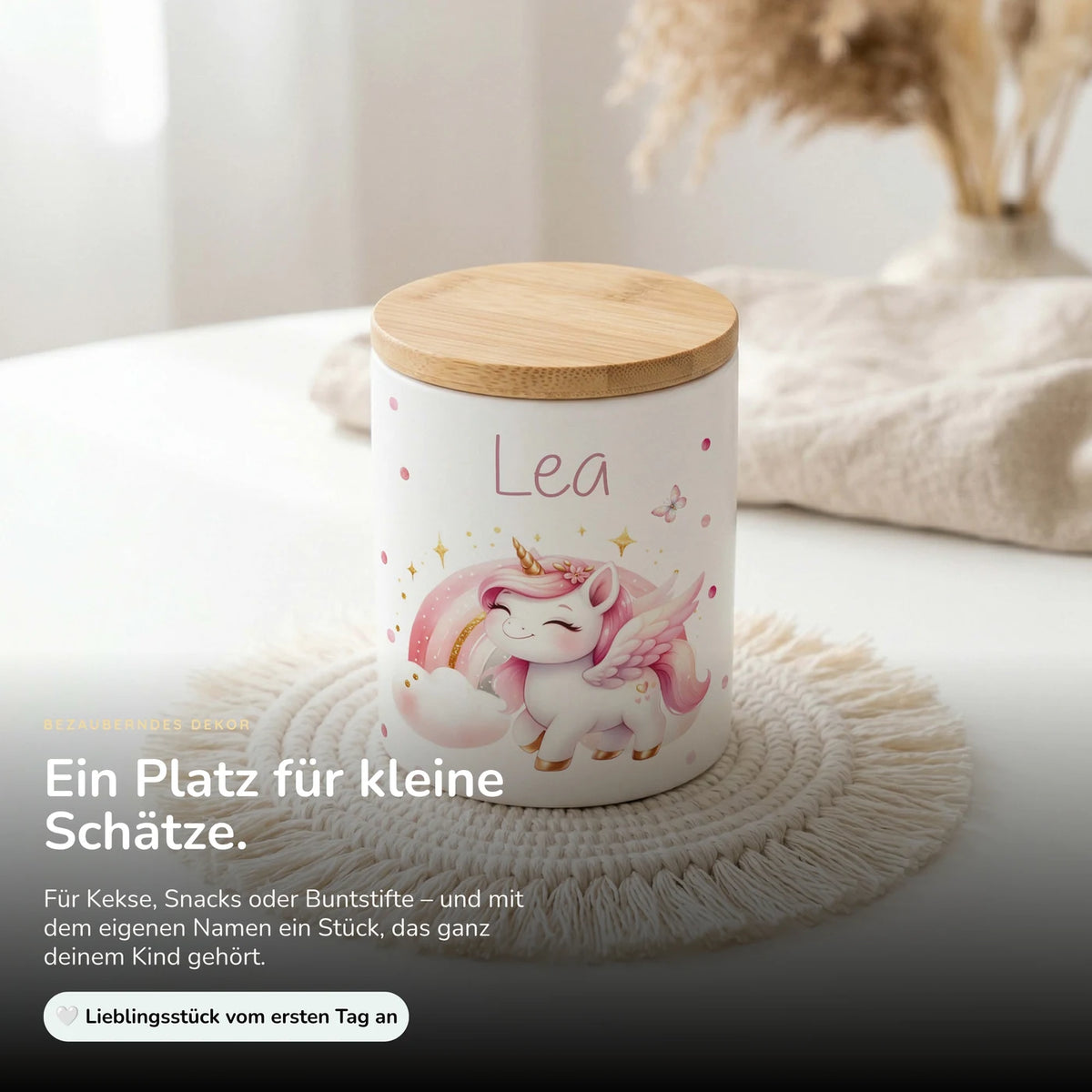 Personalisierte Keksdose Einhorn Flügel – Keramik & Bambus mit Wunschname