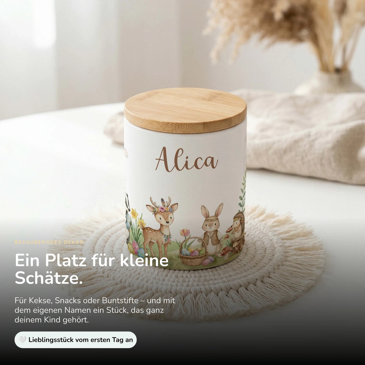 Personalisierte Keksdose Ostern Waldtiere-Treff – Keramik & Bambus mit Wunschname