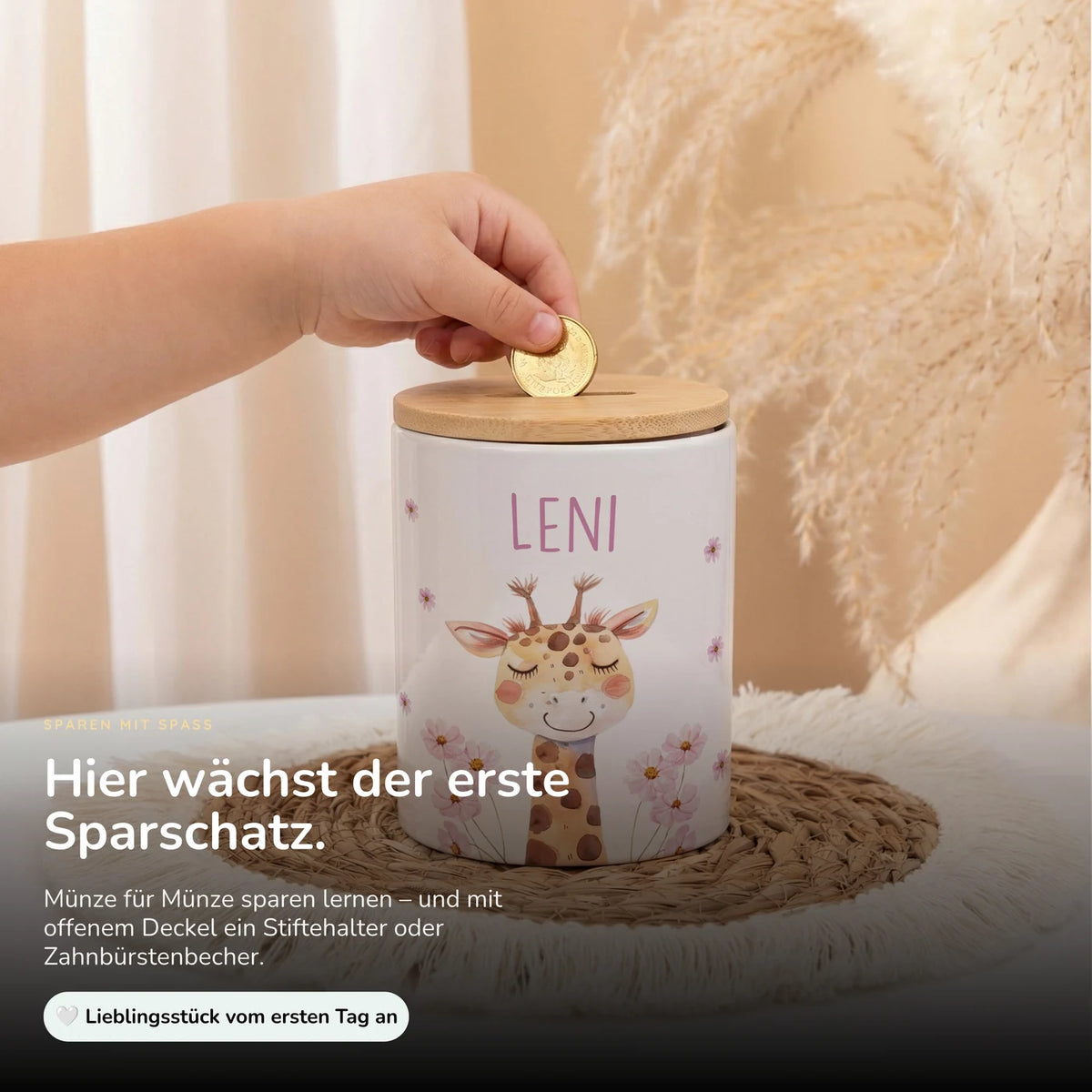 Personalisierte Spardose Giraffe Blumen – Keramik & Bambus mit Wunschname