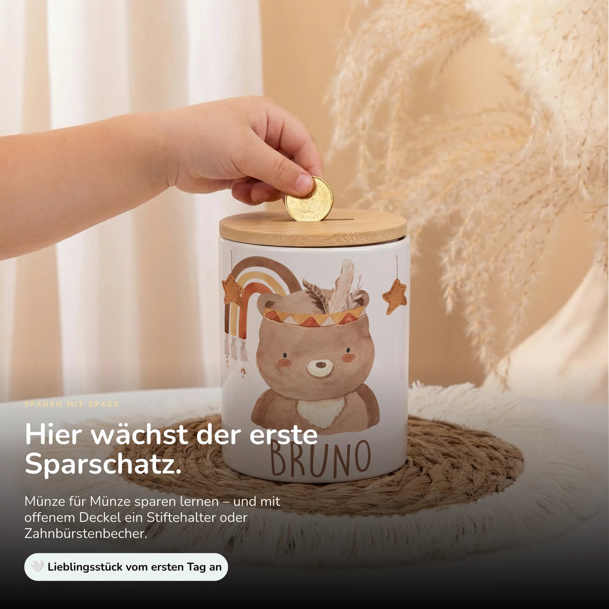 Personalisierte Spardose Boho-Bär – Keramik & Bambus mit Wunschname