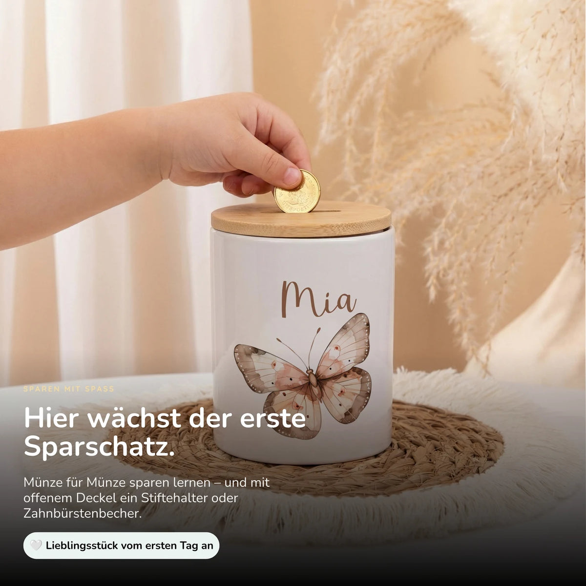 Personalisierte Spardose Schmetterling – Keramik & Bambus mit Wunschname