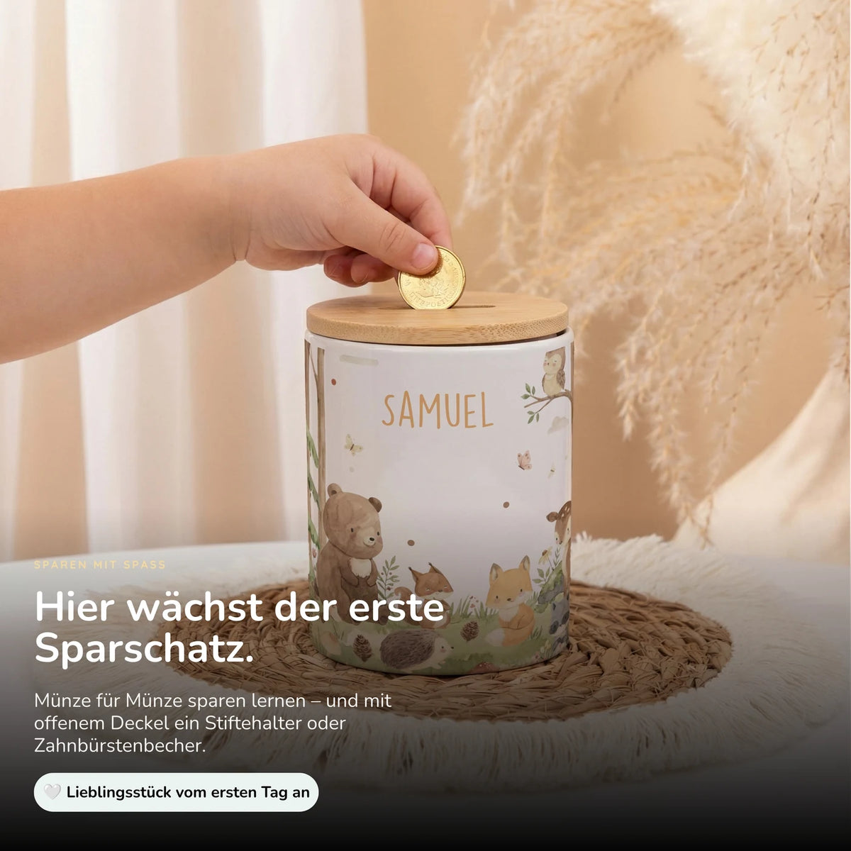 Personalisierte Spardose Waldfreunde I – Keramik & Bambus mit Wunschname