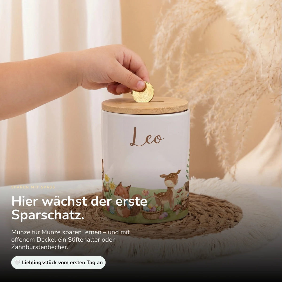 Personalisierte Spardose Ostern Frühlingswiese – Keramik & Bambus mit Wunschname