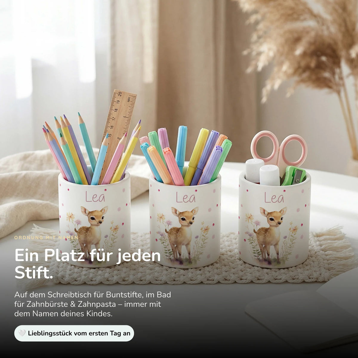 Personalisierter Stiftehalter Rehkitz Blumenwiese – Keramik mit Wunschname