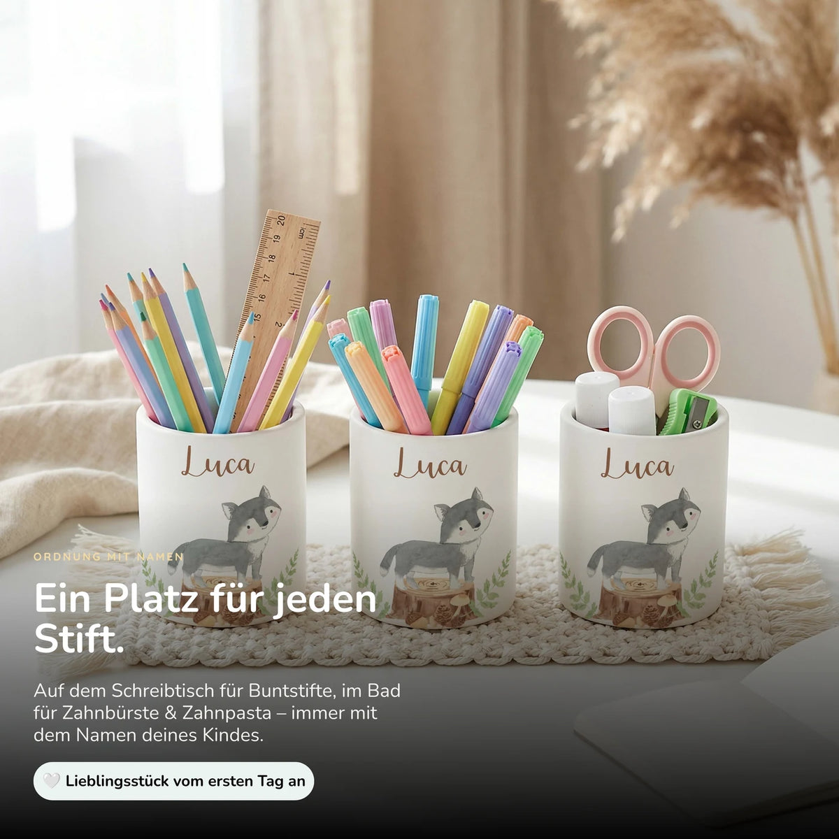 Personalisierter Stiftehalter Wolf Wald – Keramik mit Wunschname